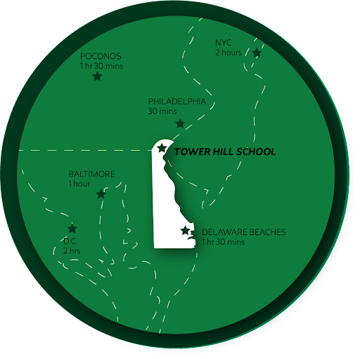 Delaware map and where Tower Hill School is located.