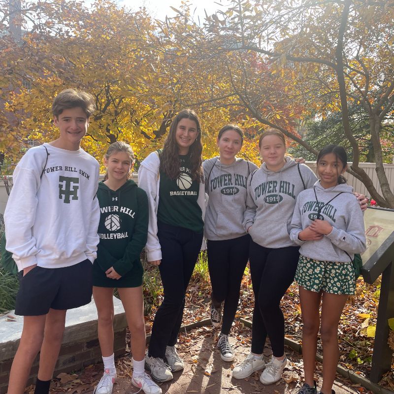 Middle school students in the outdoor facilities at Tower Hill School.